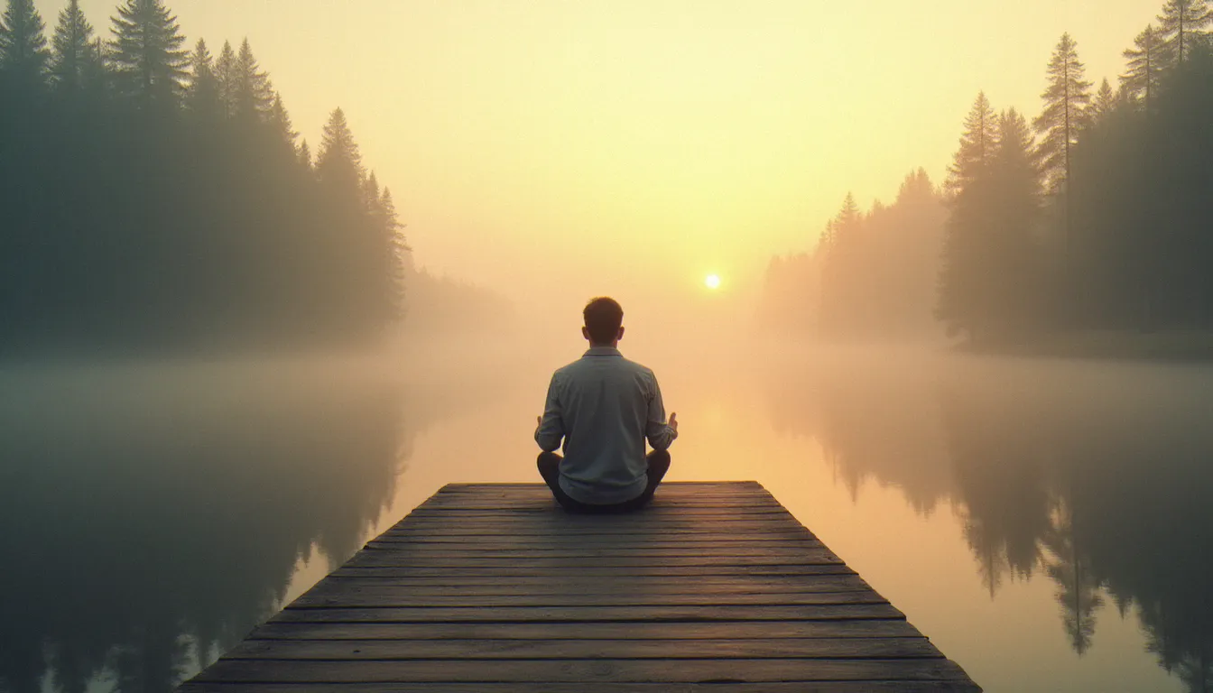 Personne en posture de recueillement sur un ponton au lever du soleil, illustrant la quête intérieure liée à la spiritualité new age