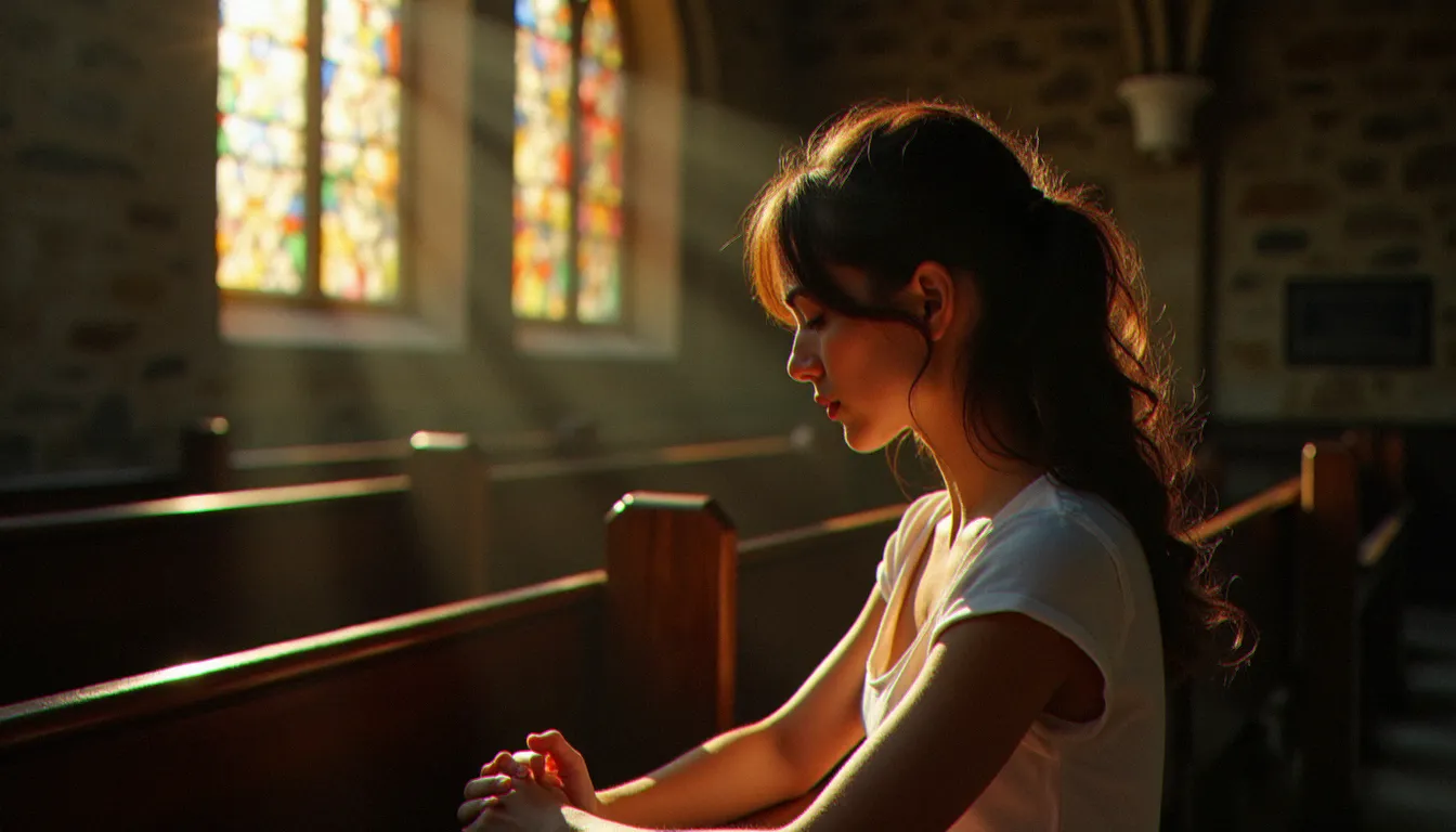 Une jeune femme en recueillement dans une chapelle bretonne baignée de lumière colorée, illustrant la distinction entre spiritualité personnelle et cadre religieux institutionnel