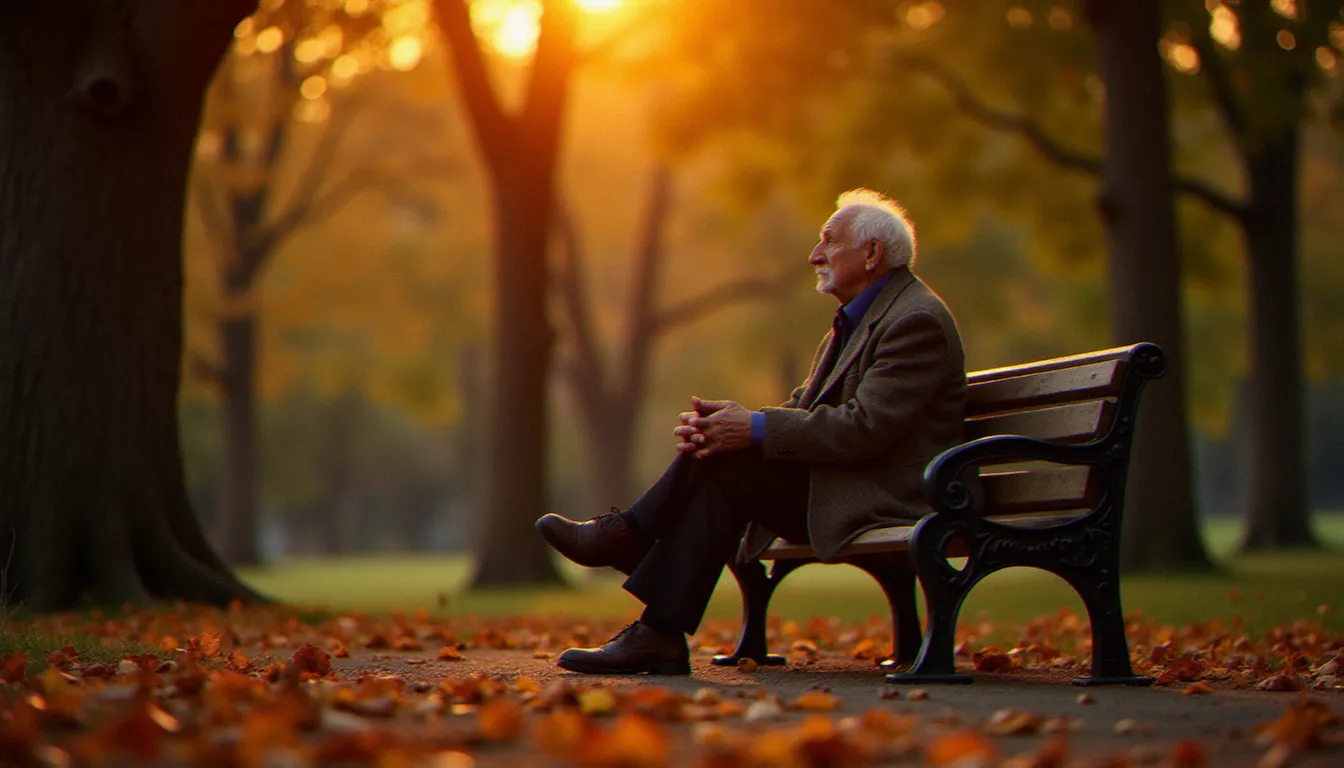Un homme âgé en contemplation spirituelle sur un banc de parc au crépuscule, symbolisant la quête de sens et la spiritualité