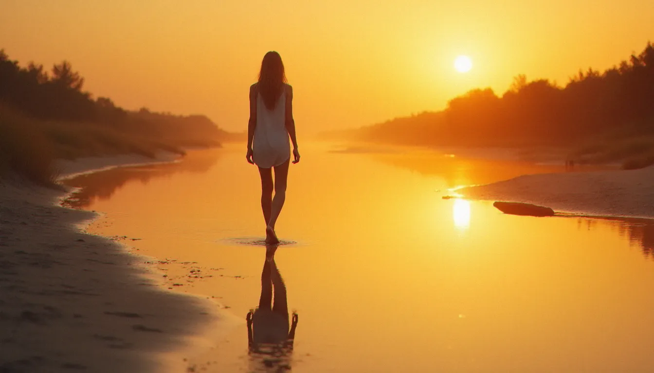 Femme marchant seule au bord d'une rivière au lever du soleil, pratique de marche contemplative comme expression d'une spiritualité sans dogme