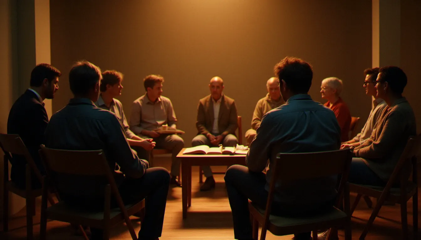 Groupe de personnes réunies en cercle de partage dans une salle communautaire simple, représentant une quête collective de spiritualité sans étiquette religieuse