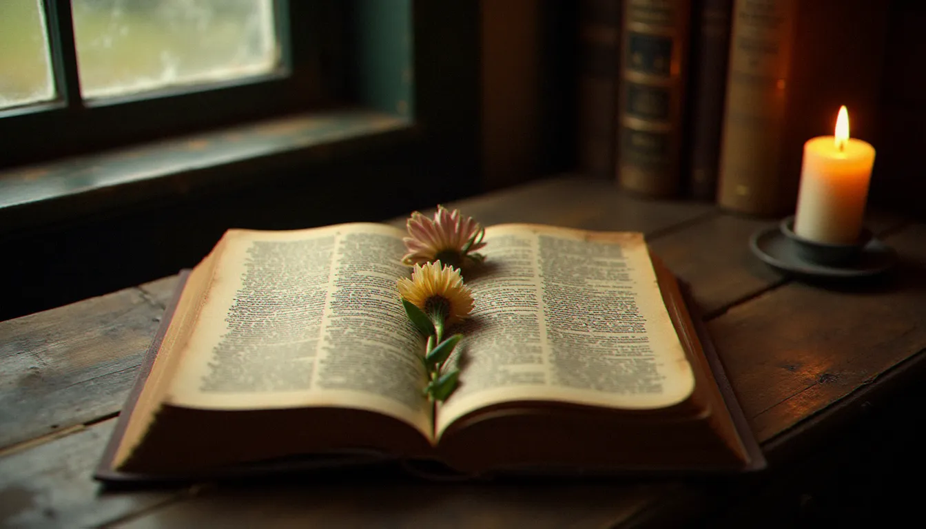 Vieux dictionnaire français ouvert sur un bureau en bois avec des annotations manuscrites à la lumière d'une bougie, évoquant la recherche des mots de l'âme et des synonymes de spiritualité