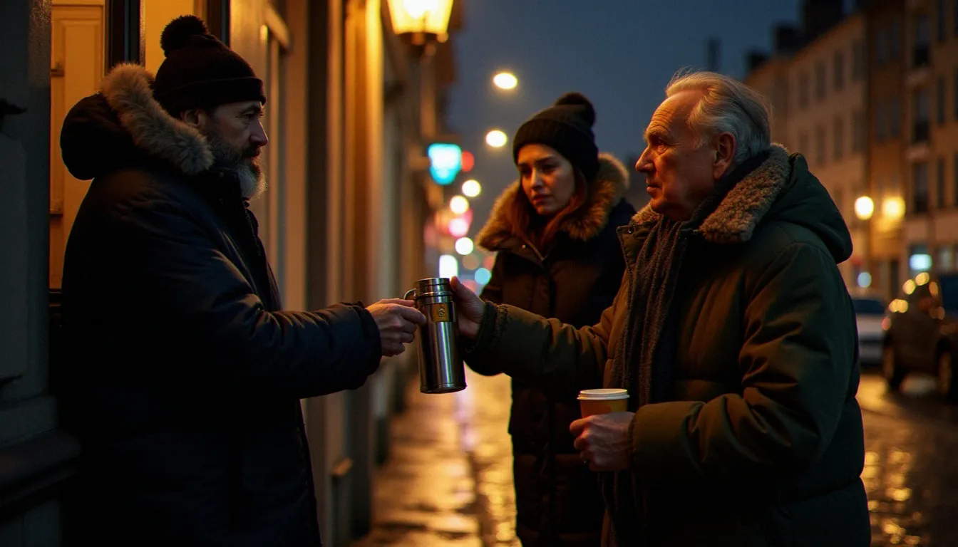 Bénévoles distribuant une soupe chaude à une personne sans-abri dans une rue française en hiver sous la lumière d'un réverbère, représentant la spiritualité synonyme de solidarité concrète vécue au quotidien