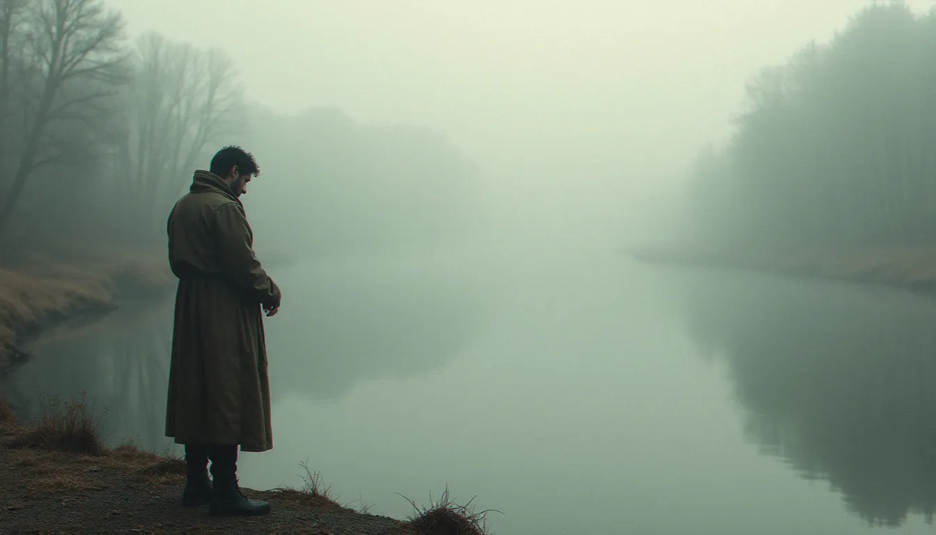 Une silhouette solitaire au bord d'un fleuve dans la brume matinale, en posture de recueillement, évoquant la résistance intérieure des spiritualités radicales face au monde contemporain
