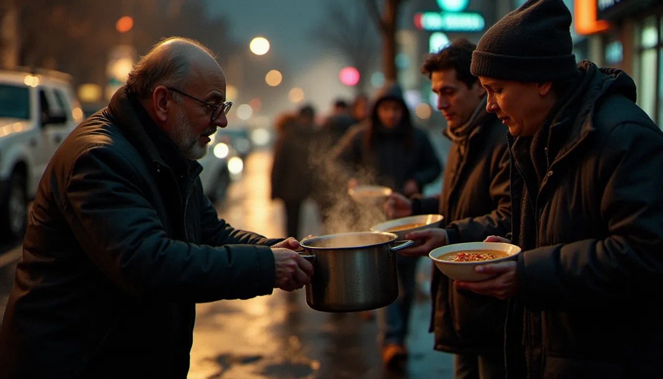 Des bénévoles servant un repas chaud à des personnes sans-abri dans la rue, incarnant une spiritualité tournée vers la solidarité concrète
