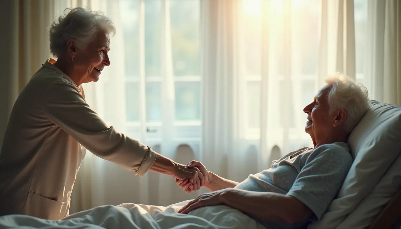 Une femme âgée tenant la main d'un patient en fin de vie dans une chambre de soins palliatifs, témoignant d'une spiritualité présente face à la souffrance