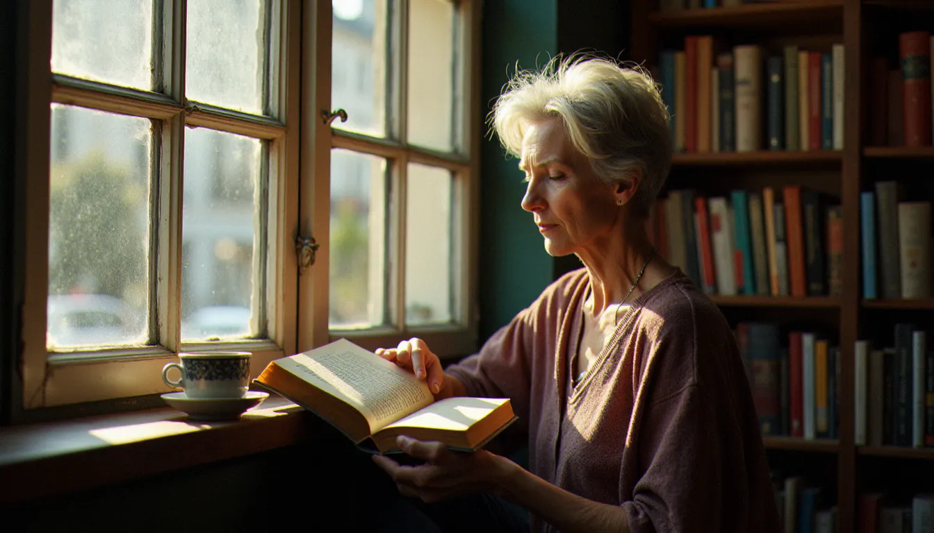 Femme lisant attentivement un roman français dans une librairie nantaise baignée de lumière dorée, illustrant l'héritage vivant de la littérature de 1987 pour les lecteurs d'aujourd'hui