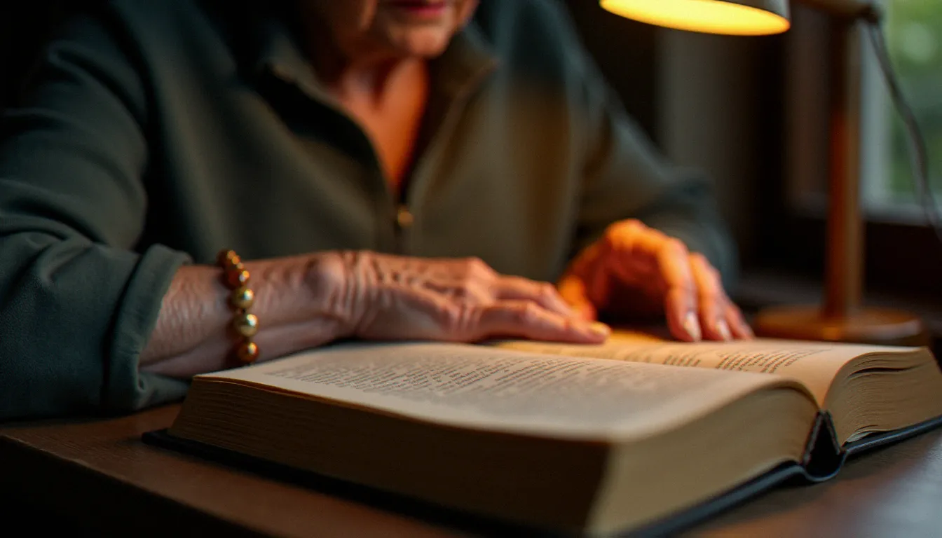 Mains d'une femme âgée tenant délicatement un livre ouvert à la lumière d'une lampe de bureau, symbole de l'engagement littéraire incarné par Nadine Gordimer, Prix Nobel de littérature 1991