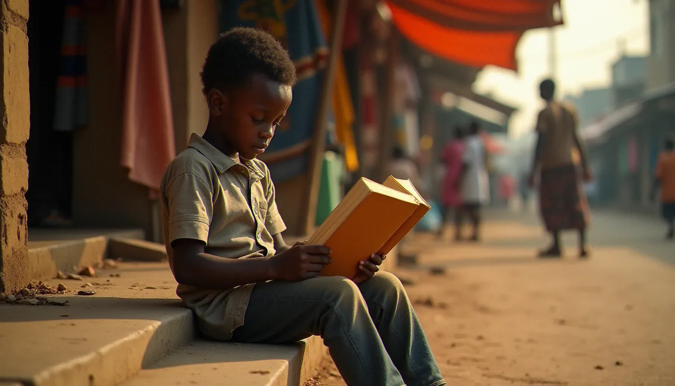 Jeune garçon africain lisant un roman assis devant un marché animé de Lagos, illustrant l'univers de The Famished Road de Ben Okri, Booker Prize 1991, et la résilience au cœur de la littérature de 1991 en littérature