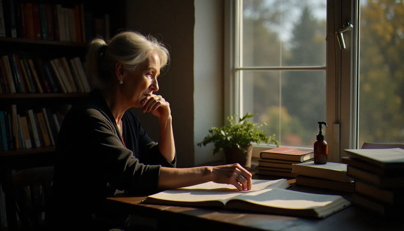 Une femme poète polonaise âgée assise près d'une fenêtre dans un bureau studieux à Varsovie, entourée de manuscrits et de recueils de poésie, évoquant l'univers du prix Nobel de littérature 1996