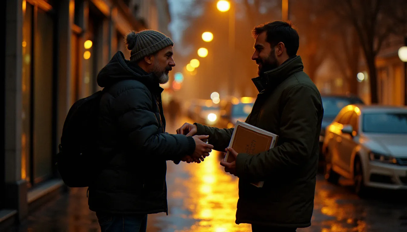 Un bénévole distribuant de l'aide à un homme sans-abri sur une rue mouillée de Nantes la nuit, illustrant le lien entre littérature de l'humanité et engagement concret auprès des oubliés