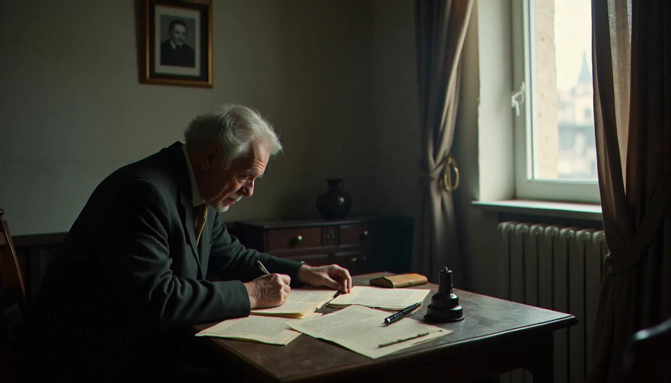 Un écrivain âgé à son bureau dans un appartement de Budapest, évoquant l'univers d'Imre Kertész, prix Nobel de littérature 2002