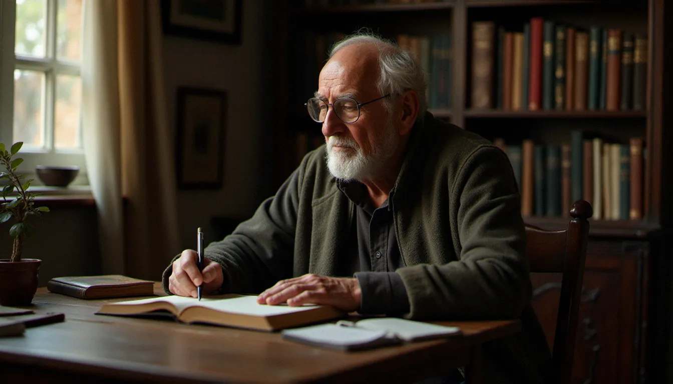 Un écrivain âgé assis à son bureau dans une pièce sobre et lumineuse, écrivant à la main dans un carnet, entouré de livres, illustration du parcours des auteurs distingués lors de 2003 en littérature