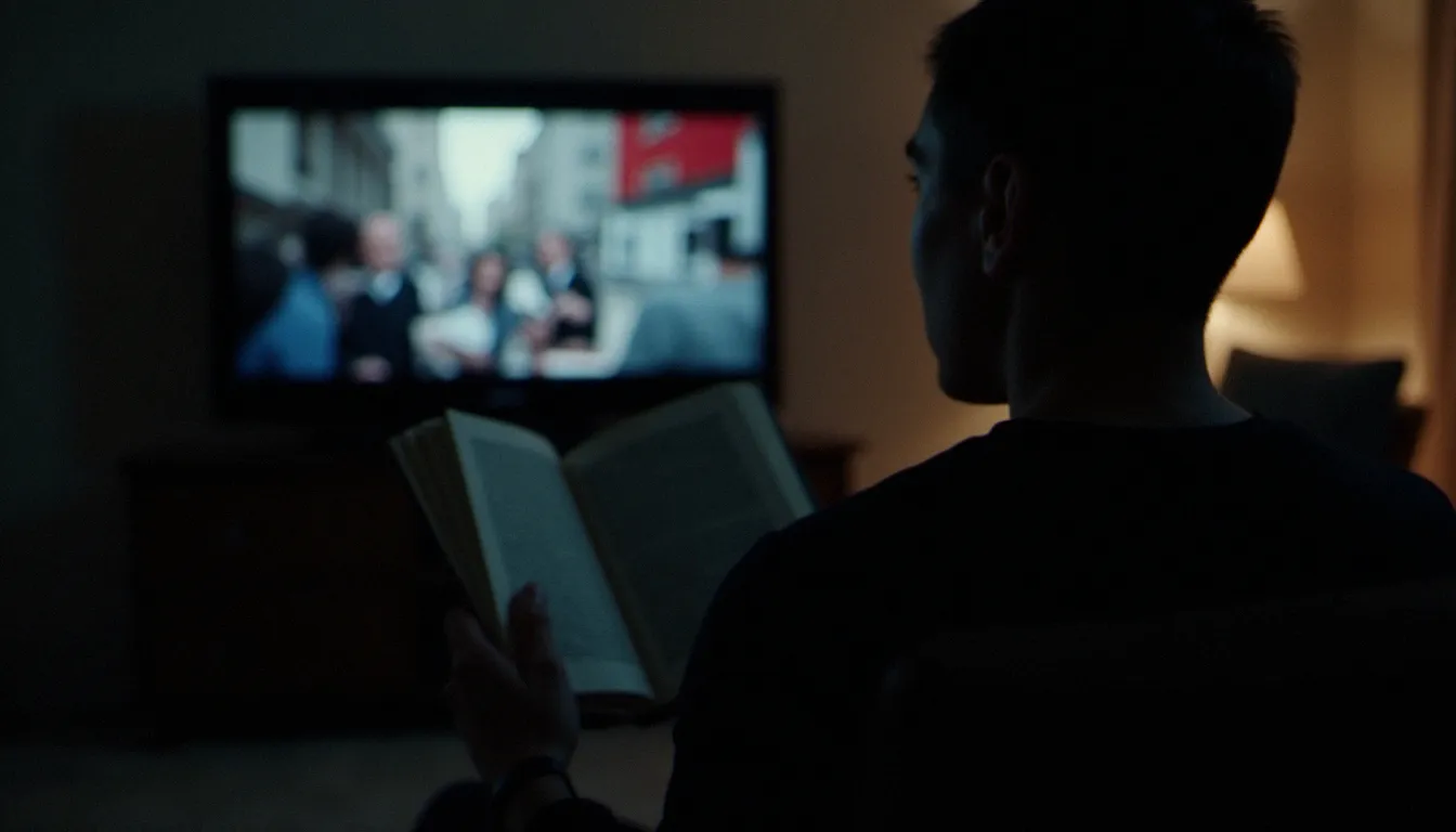 Une personne lisant un roman dans un appartement sombre, un écran de télévision en arrière-plan diffusant des images floues de conflit, symbolisant le rôle de la littérature comme refuge et témoignage dans la crise de 2003