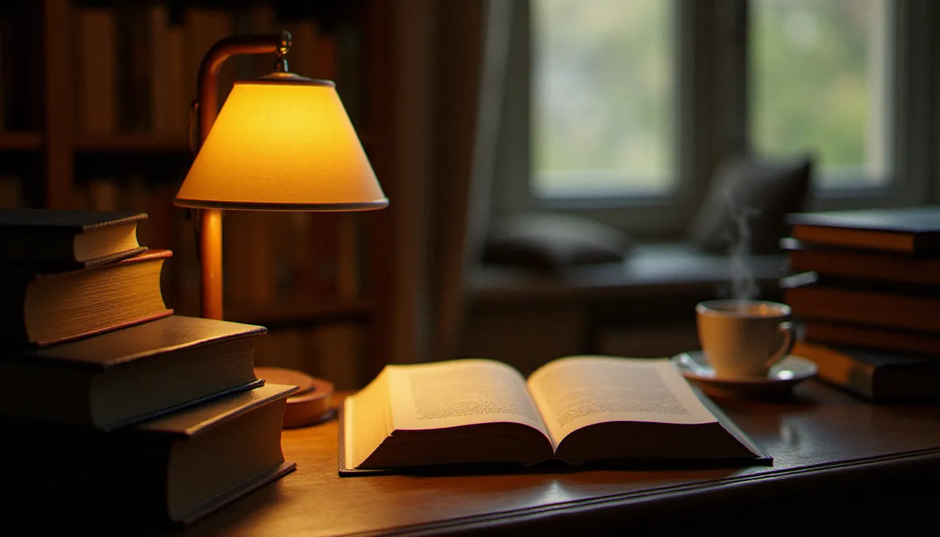 Une table de lecture éclairée à la lampe avec plusieurs romans ouverts empilés, évoquant l'univers de 2003 en littérature dans une bibliothèque aux tonalités chaleureuses