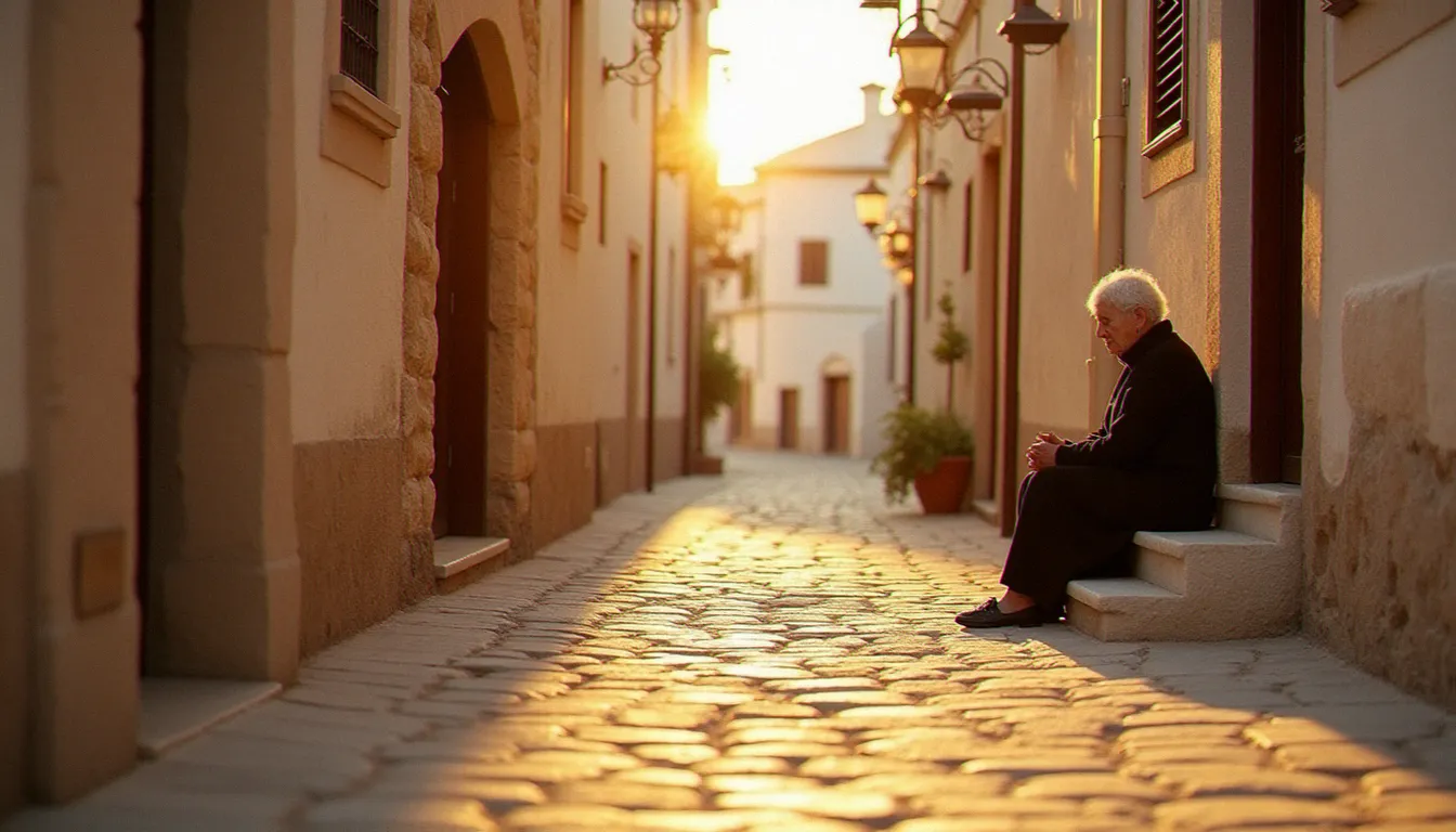 Village du Mezzogiorno baigné de lumière dorée avec une femme âgée assise sur son pas de porte, univers visuel du roman Le Soleil des Scorta de Laurent Gaudé, Prix Goncourt 2004
