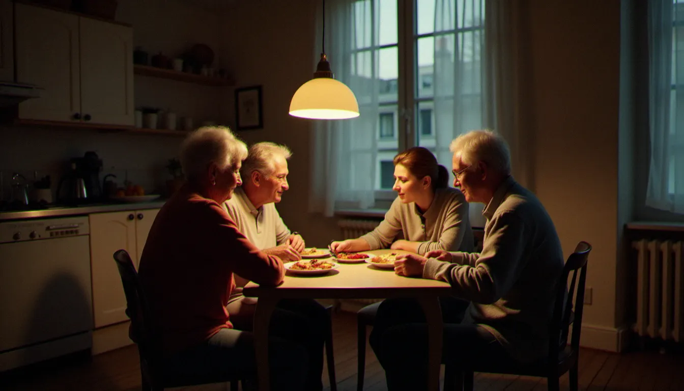 Quatre personnes réunies autour d'une table modeste dans un appartement parisien, scène de solidarité et de tendresse quotidienne évoquant l'esprit du roman Ensemble c'est tout d'Anna Gavalda, publié en 2004