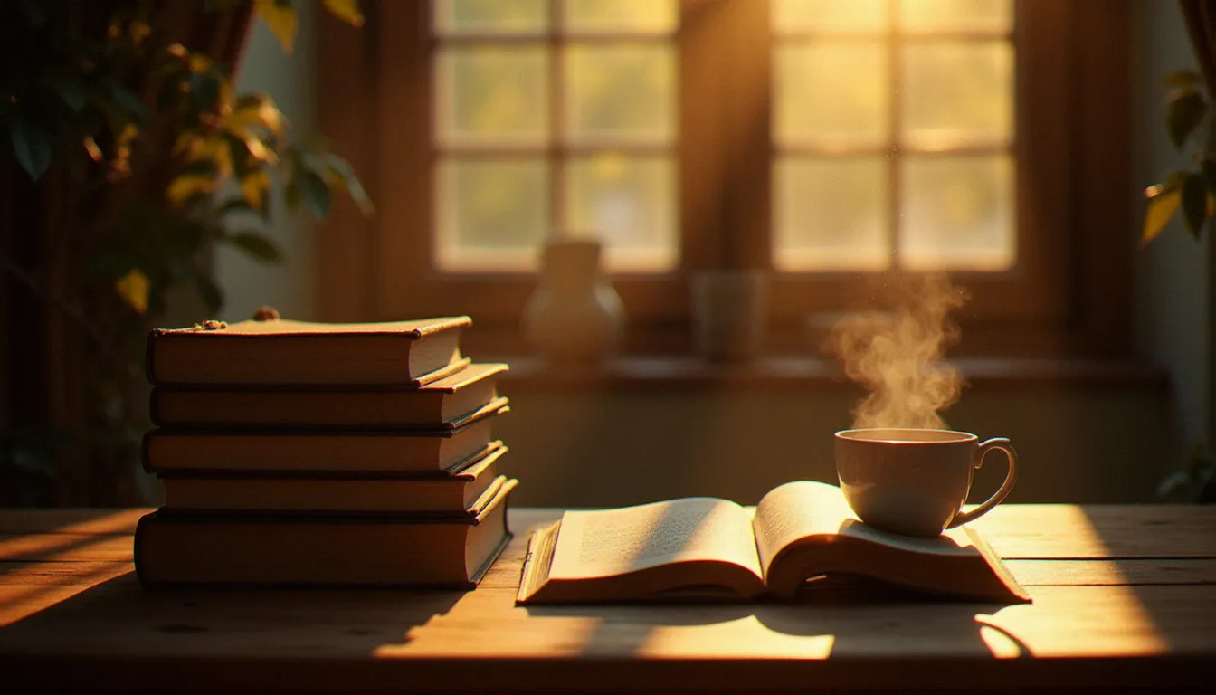 Table de lecture en bois avec des romans français empilés et un livre ouvert sous la lumière dorée de l'automne, illustrant la richesse de la production de 2004 en littérature