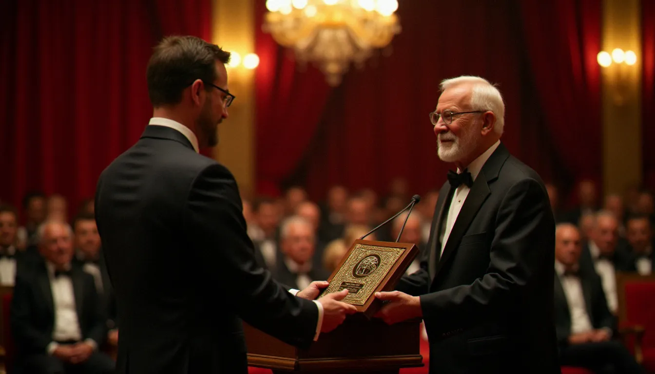 Cérémonie de remise d'un grand prix littéraire en 2005, illustrant la solennité de la reconnaissance internationale accordée aux voix qui refusent le silence