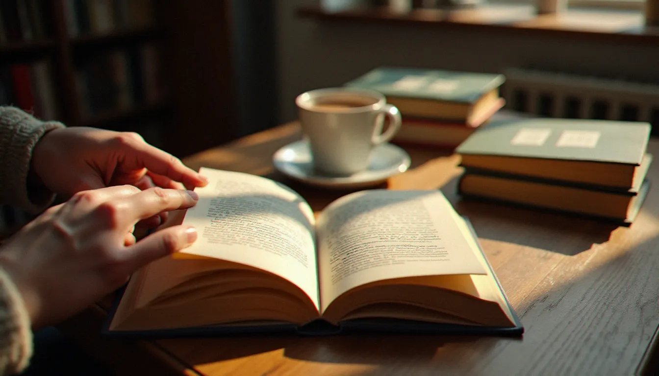 Lecteur tenant avec soin un roman dans une bibliothèque associative, illustrant le plaisir intemporel et solidaire de redécouvrir les grandes œuvres de 2005 en littérature