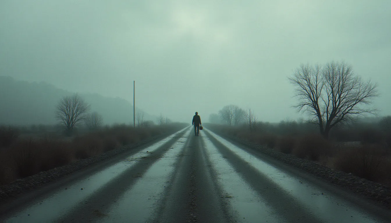 Une route déserte s'étendant sous un ciel gris, une silhouette solitaire au loin, image évoquant l'atmosphère du roman La Route de Cormac McCarthy, œuvre majeure de la littérature mondiale de 2007