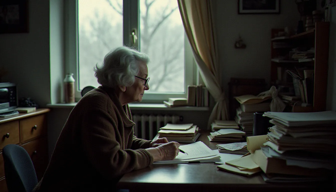 Portrait d'une écrivaine dans son bureau encombré de manuscrits, évoquant l'univers littéraire d'Herta Müller et la résistance par l'écriture en 2009