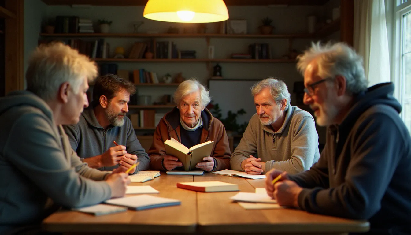 Un groupe de lecteurs et bénévoles discutent des grandes œuvres de la littérature de 2009 dans un espace associatif en France