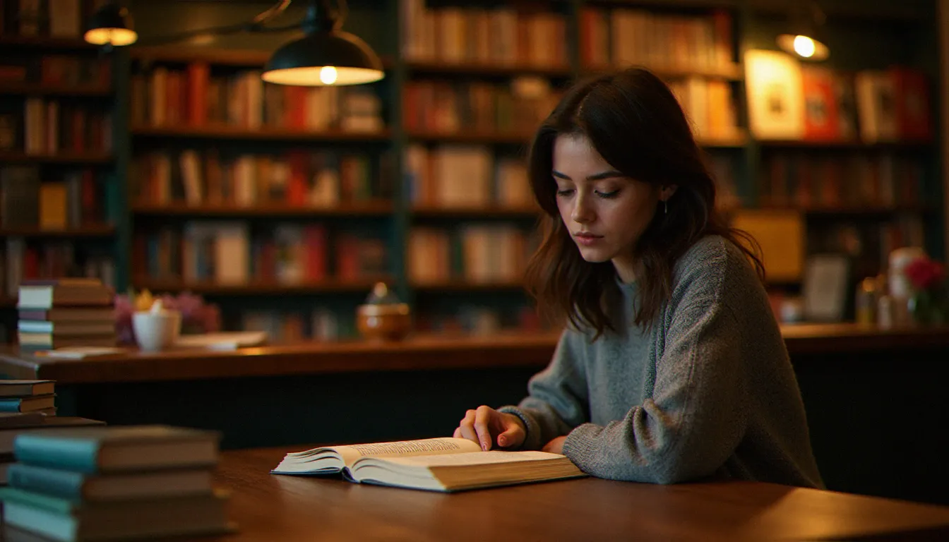 Une lectrice française plongée dans un roman dans une librairie indépendante en 2009, entourée d'ouvrages de littérature contemporaine primée