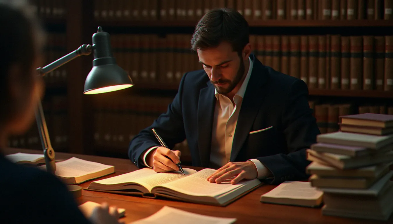 Un chercheur évaluant l'autorité de sources documentaires dans une bibliothèque universitaire, entouré de livres et de revues académiques