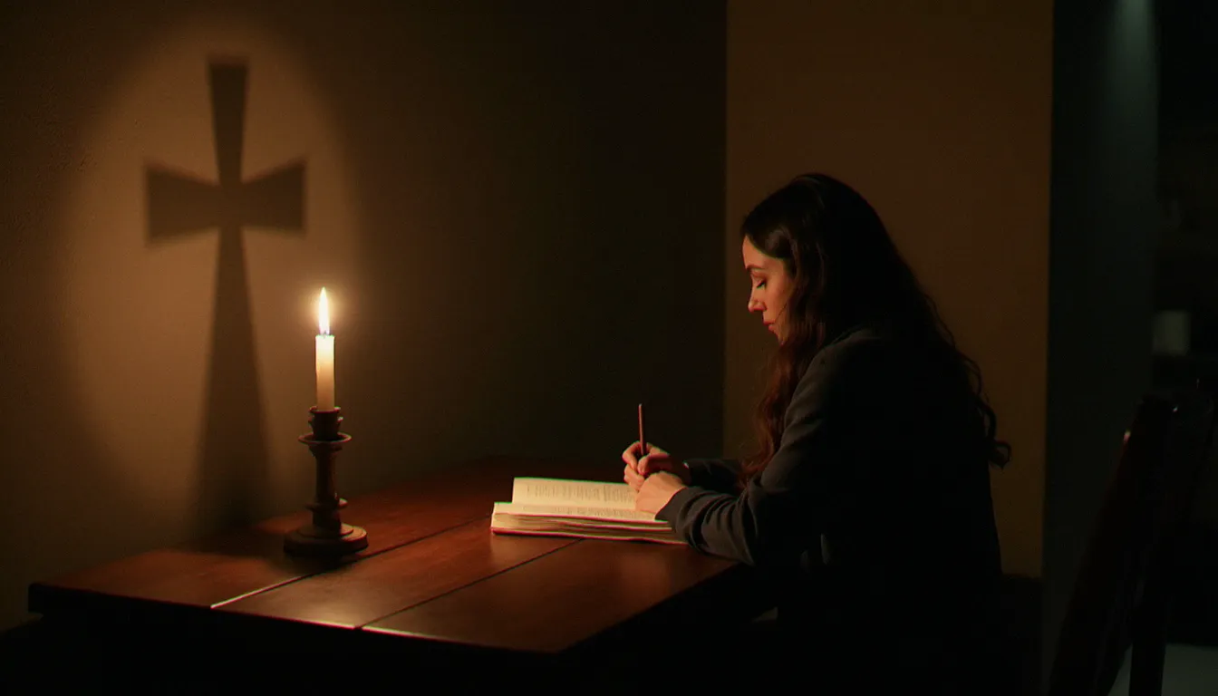 Personne écrivant seule dans un journal intime à la lueur d'une bougie dans une pièce sombre, évoquant la pratique jungienne de l'exploration des rêves et de l'inconscient collectif