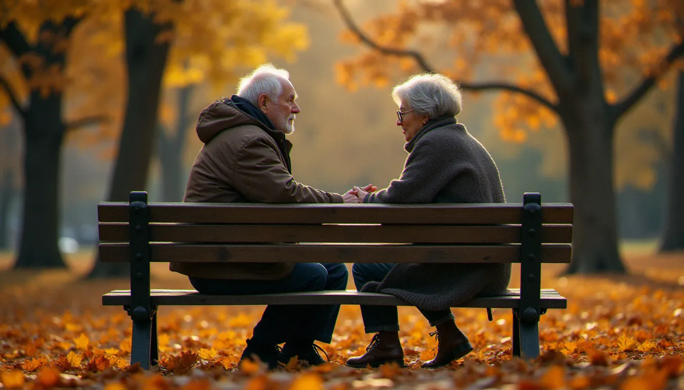 Deux personnes de générations différentes en conversation sincère sur un banc dans un parc en automne, illustrant la rencontre authentique et l'engagement de solidarité nourris par la psychologie jungienne