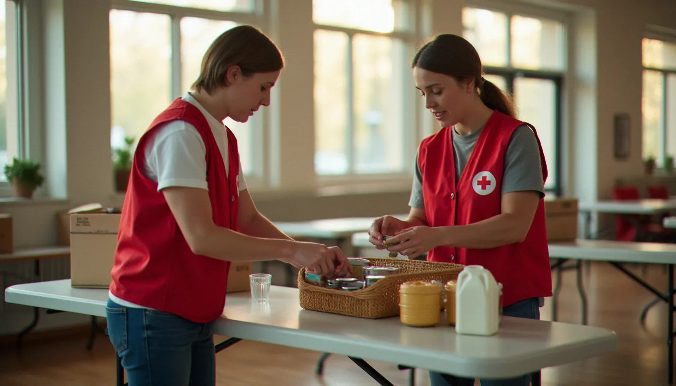 Un bénévole de la Croix Rouge triant des conserves et des denrées alimentaires sur une table lors d'une collecte alimentaire