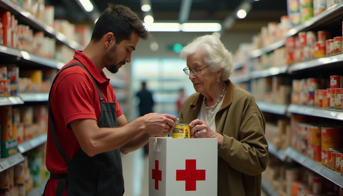 Une dame âgée déposant une conserve dans le panier d'un bénévole de la Croix Rouge lors d'une collecte alimentaire en supermarché