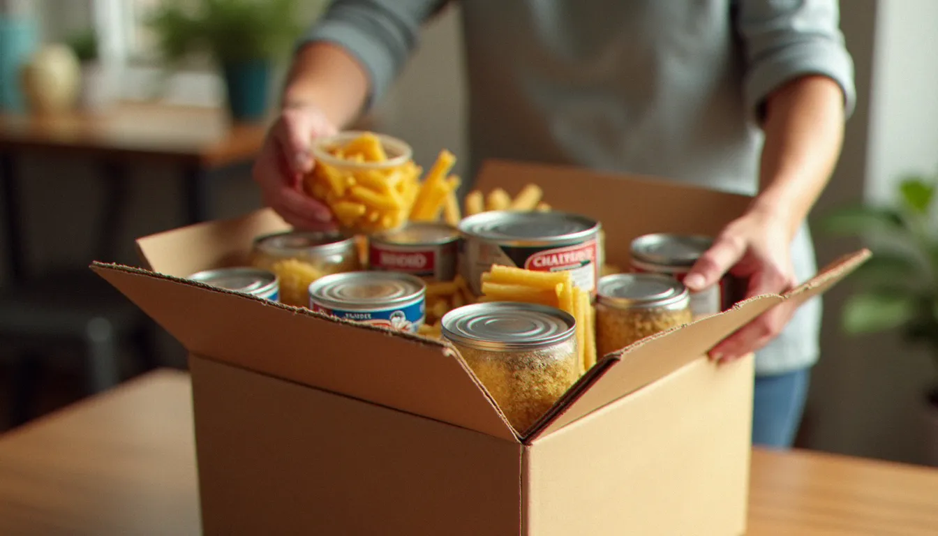 Geste de don lors d'une collecte alimentaire, mains déposant des conserves dans un bac de collecte du Secours Populaire