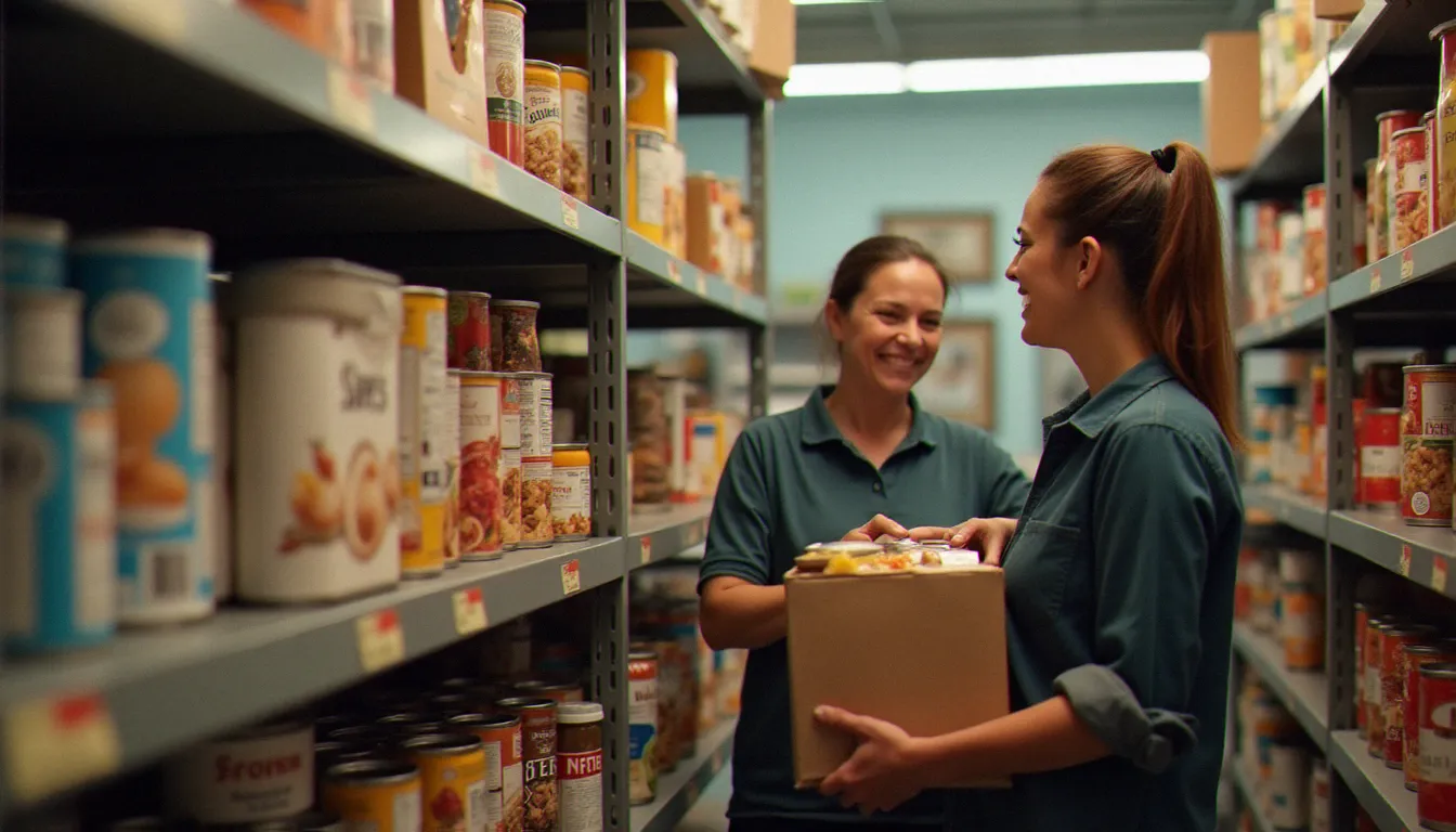Espace de distribution alimentaire du Secours Populaire où des familles choisissent librement leurs produits dans une épicerie solidaire