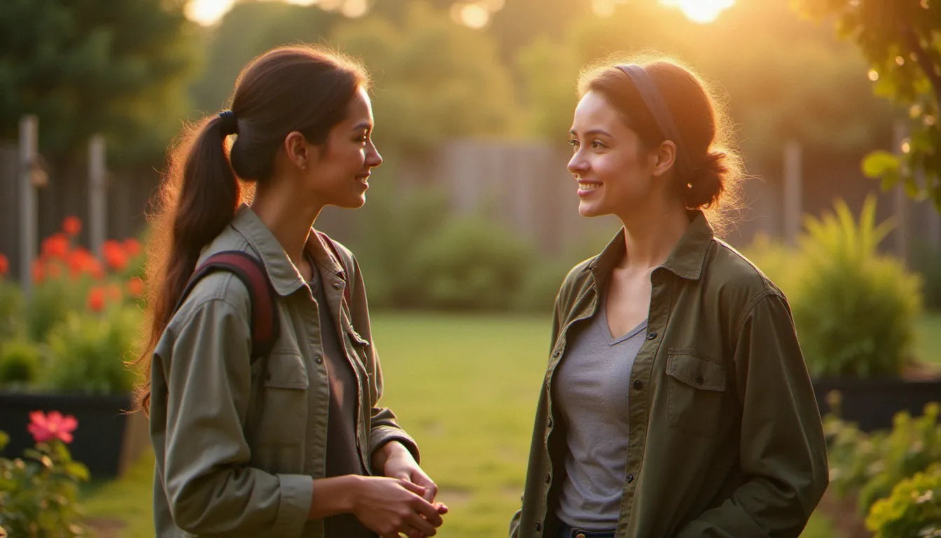 Deux bénévoles en conversation sincère et attentive dans un jardin associatif en lumière dorée, illustrant comment la connaissance de soi nourrit la solidarité et l'engagement durable envers les autres