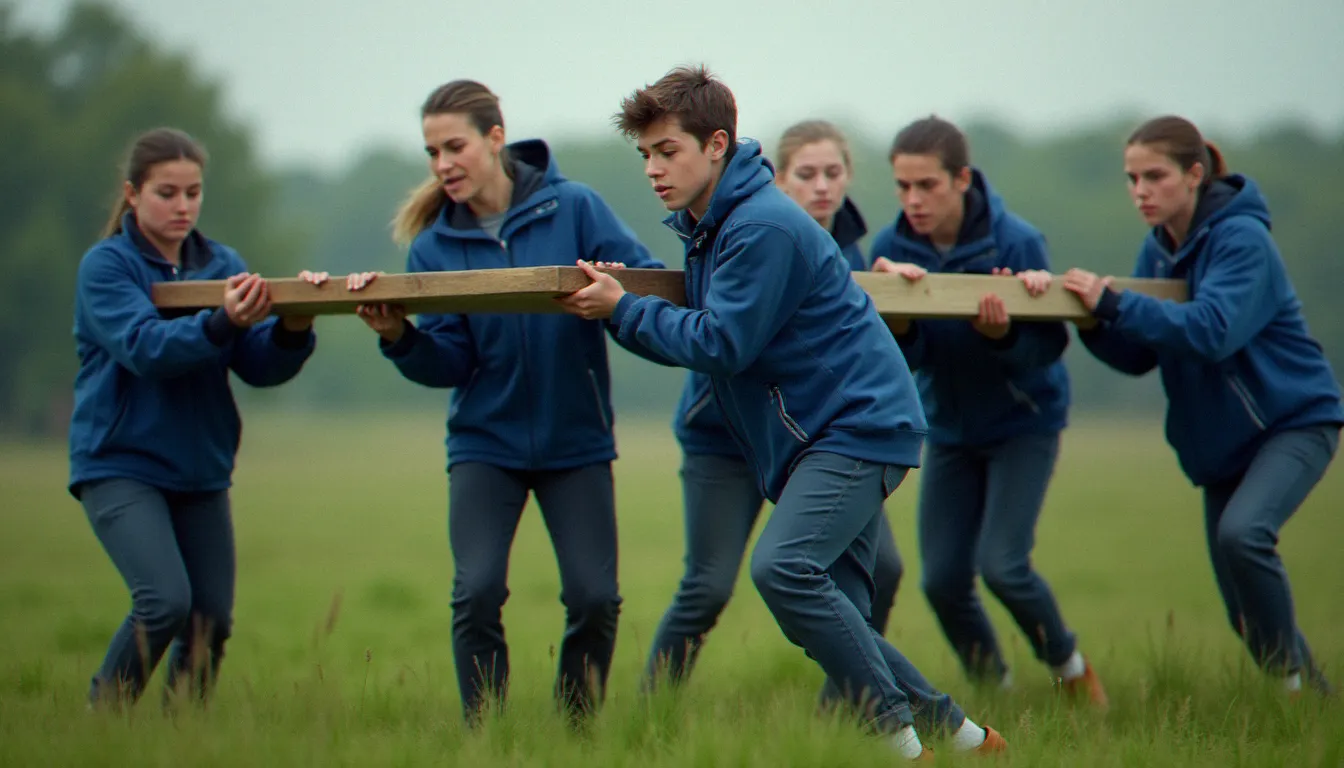 Des jeunes participants au Service National Universel en tenue bleue réalisant un exercice collectif en extérieur, symbole de l'engagement citoyen armée pour la nouvelle génération