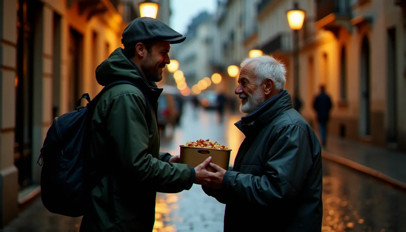Bénévole tendant un repas chaud à un homme sans-abri sous la pluie dans une rue française, illustrant l'engagement citoyen concret et la solidarité de proximité
