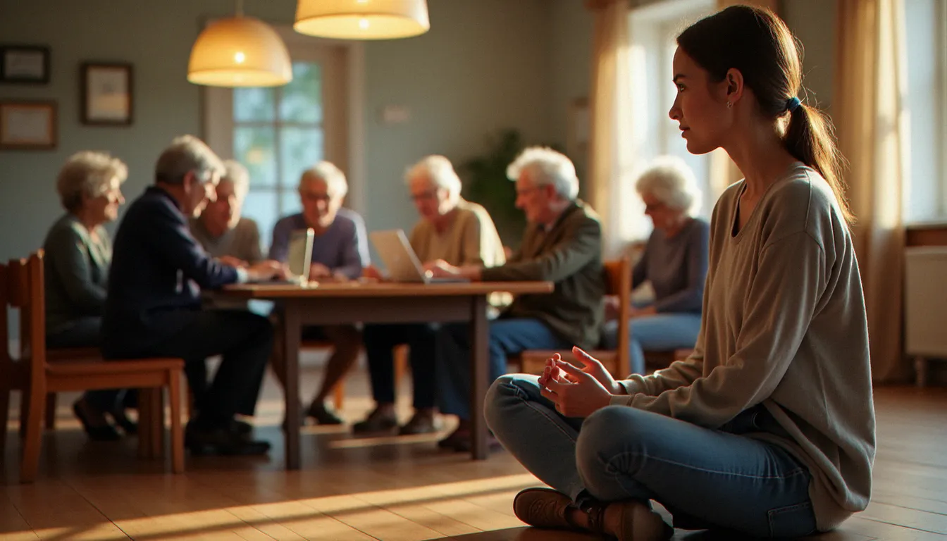 Jeune bénévole animant un atelier numérique pour des seniors dans un centre communautaire, exemple concret d'engagement citoyen intergénérationnel au quotidien