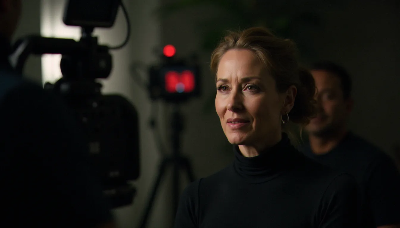 Une actrice en plein tournage sur un plateau de série télévisée américaine, lumière naturelle et atmosphère concentrée, illustrant le travail d'interprétation dans une série comme Medium