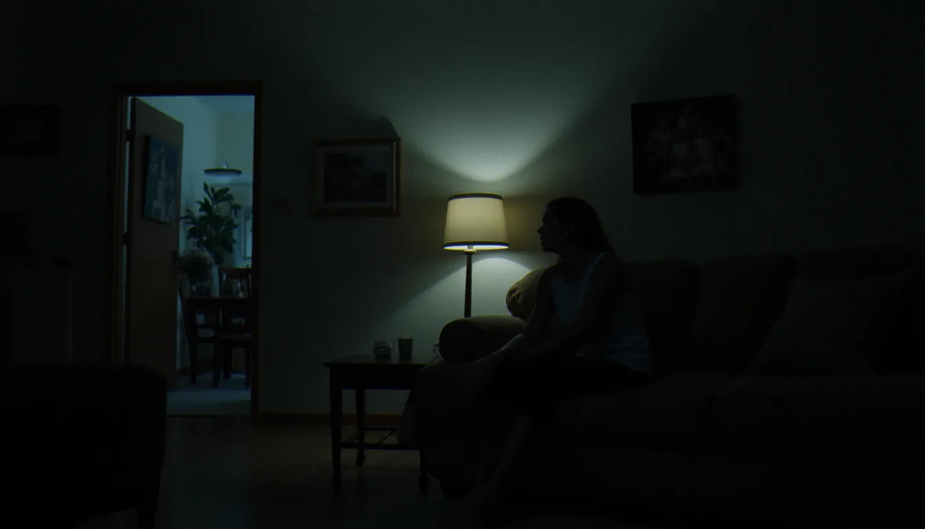 Intérieur d'une maison américaine la nuit, femme seule dans un salon faiblement éclairé, atmosphère douce et légèrement mystérieuse évoquant l'univers de la série Medium avec Patricia Arquette