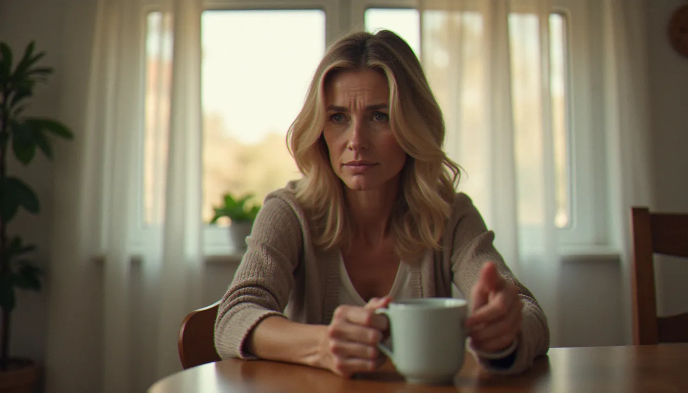 Une femme aux traits expressifs et apaisants assise à une table de cuisine lumineuse, évoquant le personnage de medium avec Patricia Arquette dans la série éponyme