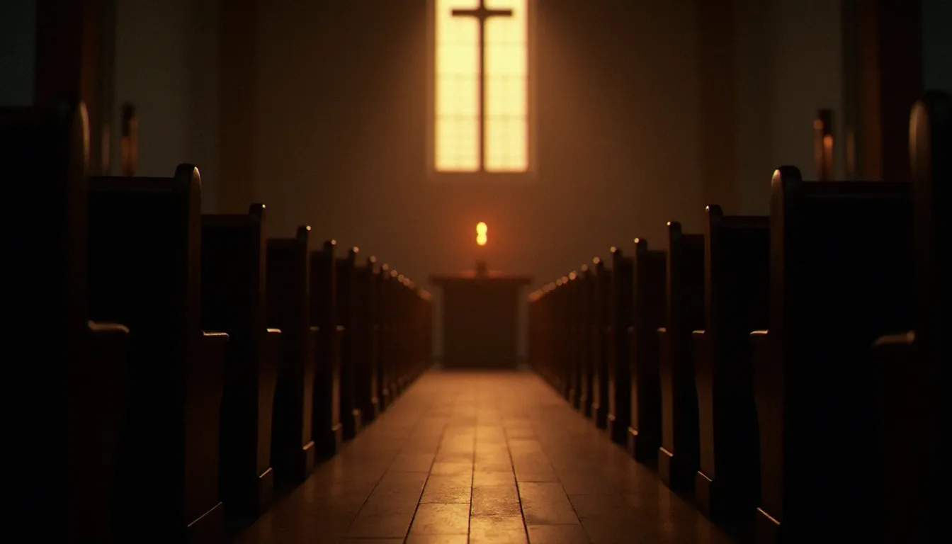 Intérieur d'une église vide au crépuscule avec une bougie allumée sur l'autel, évoquant la dimension spirituelle et le rapport à l'invisible abordés dans la série Medium