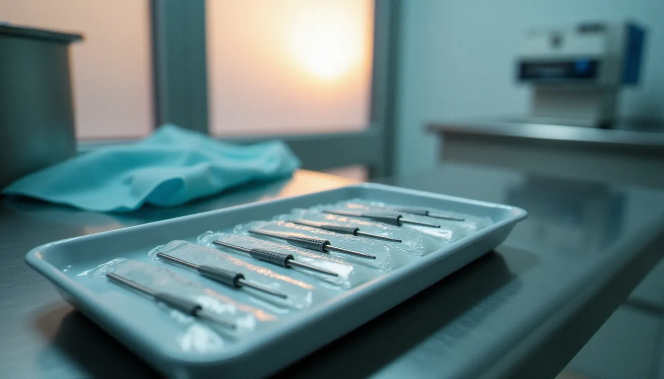 Instruments stériles et aiguilles de biopsie préparés sur un plateau médical avant une procédure de prélèvement tissulaire