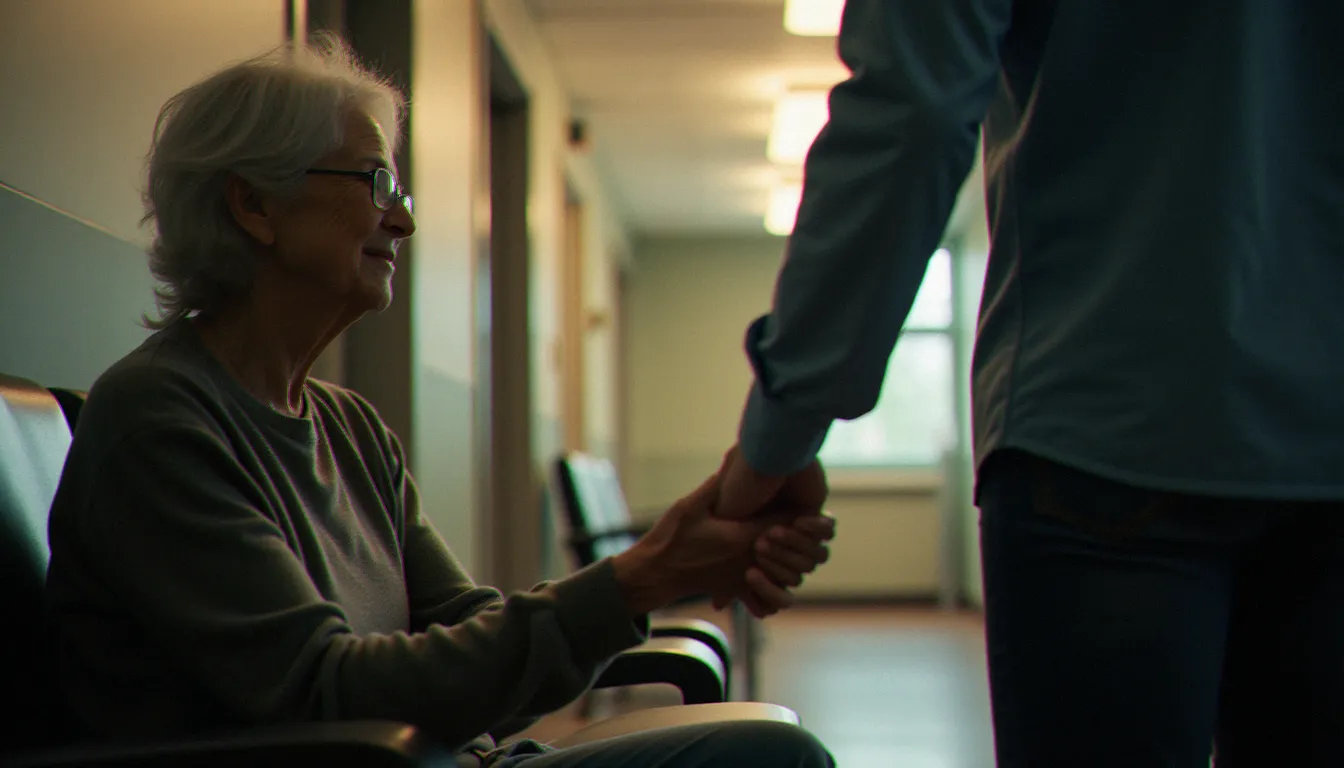 Une patiente accompagnée d'un proche dans un couloir hospitalier, symbolisant la solidarité humaine autour du parcours de diagnostic par biopsie