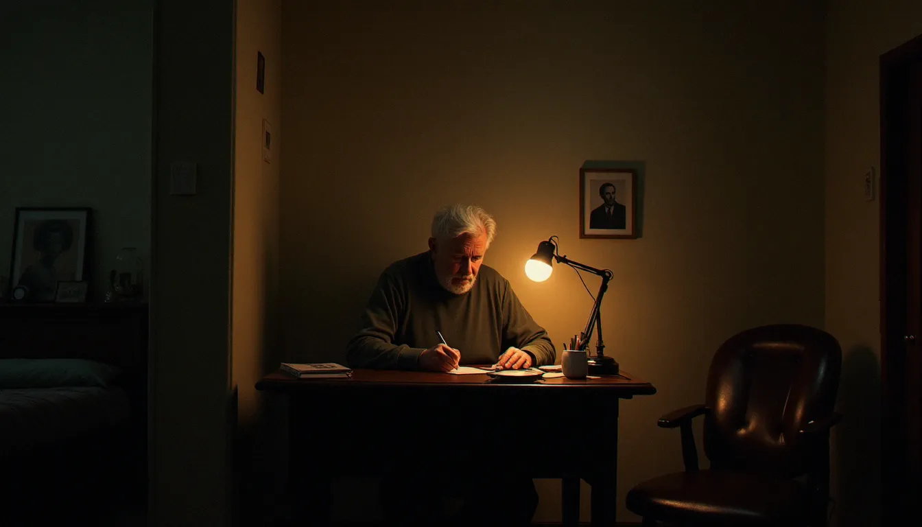 Un homme âgé écrivant une lettre à la mémoire d'un proche disparu dans une chambre modeste, symbole du lien entre les vivants et les défunts lors d'une séance avec un médium