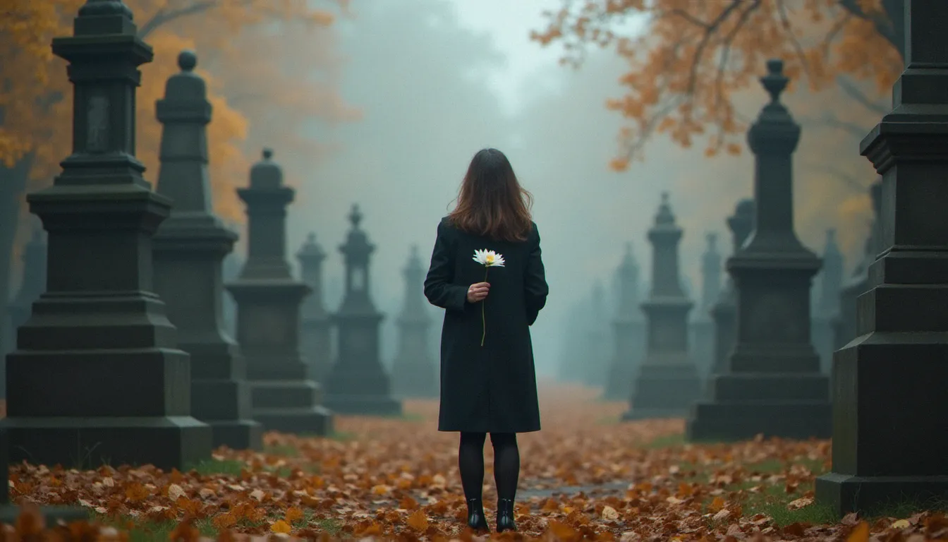 Une personne debout dans un cimetière en automne tenant une fleur blanche, représentant la quête de sens et le deuil qui poussent à comprendre comment ca marche un médium