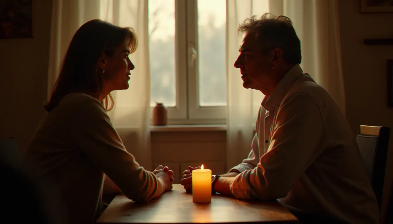 Une femme en séance de consultation avec un médium dans une pièce chaleureuse éclairée à la bougie, illustrant comment ca marche une séance médiumnique