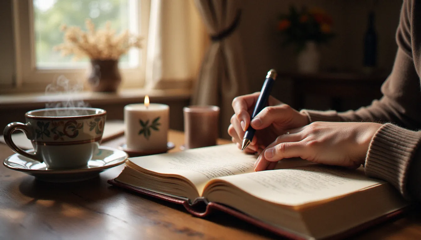 Mains adultes écrivant dans un journal spirituel à la lumière douce du matin, symbole de pratique quotidienne pour développer ses dons médiumniques