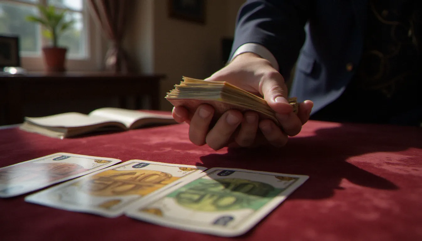 Main tenant des billets d'euros au-dessus d'une table de voyance avec des cartes de tarot, illustrant les arnaques financières liées aux mediums frauduleux